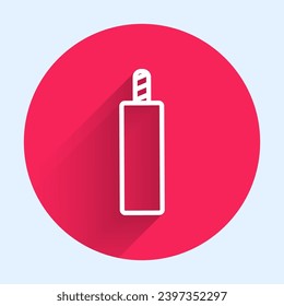 Línea blanca Icono de baqueta dinamita desprendida con una sombra larga. Bomba de tiempo - concepto de peligro de explosión. Botón de círculo rojo. Vector