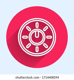 White line Dial knob level technology settings icon isolated with long shadow. Volume button, sound control, analog regulator. Red circle button. Vector Illustration