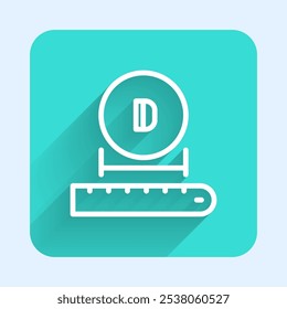 White line Diameter icon isolated with long shadow. Green square button. Vector