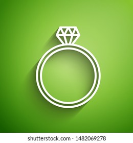 White line Diamond engagement ring icon isolated on green background.  Vector Illustration