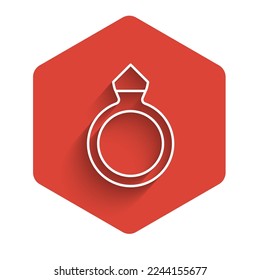 White line Diamond engagement ring icon isolated with long shadow background. Red hexagon button. Vector