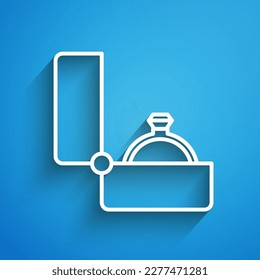 White line Diamond engagement ring icon isolated on blue background. Long shadow. Vector