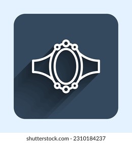 Línea blanca Icono del anillo de compromiso de diamantes aislado con fondo de sombra larga. Botón cuadrado azul. Vector