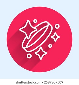 White line Diamond engagement ring icon isolated with long shadow background. Red circle button. Vector