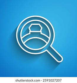 White line Diamond engagement ring icon isolated on blue background. Long shadow. Vector