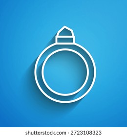 White line Diamond engagement ring icon isolated on blue background. Long shadow. Vector