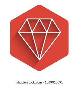 White line Diamond icon isolated with long shadow. Jewelry symbol. Gem stone. Red hexagon button. Vector Illustration