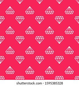 White line Diamond icon isolated seamless pattern on red background. Jewelry symbol. Gem stone.  Vector Illustration