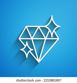 Icono de diamante de línea blanca aislado en fondo azul. Símbolo de joyería. Gem stone. 8 de marzo. Día Internacional de la Mujer Feliz. Larga sombra. Ilustración vectorial