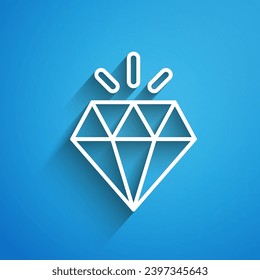 Weiße Linie Diamant Symbol einzeln auf blauem Hintergrund. Schmucksymbol. Gem Stein. Lang Schatten. Vektorgrafik