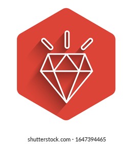 Weiße Linie Diamond Zähne Symbol einzeln auf langen Schatten. Roter Hexagon-Knopf. Vektorillustration-Illustration