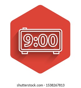 White line Digital alarm clock icon isolated with long shadow. Electronic watch alarm clock. Time icon. Red hexagon button. Vector Illustration