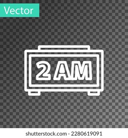 White line Digital alarm clock icon isolated on transparent background. Electronic watch alarm clock. Time icon.  Vector