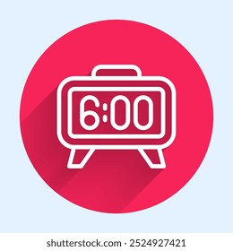 Línea blanca icono de despertador digital aislado con sombra larga. Reloj despertador de reloj Electrónica. Icono de tiempo. Botón del círculo rojo. Vector