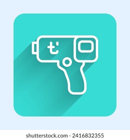 White line Digital contactless thermometer with infrared light icon isolated with long shadow. Green square button. Vector