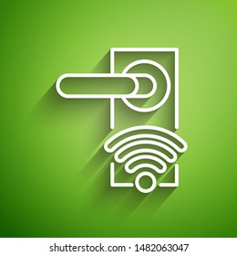 White line Digital door lock with wireless technology for unlock icon isolated on green background. Door handle sign. Security smart home.  Vector Illustration