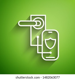 White line Digital door lock with wireless technology for lock icon isolated on green background. Door handle sign. Security smart home.  Vector Illustration