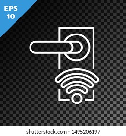 White line Digital door lock with wireless technology for unlock icon isolated on transparent dark background. Door handle sign. Security smart home.  Vector Illustration