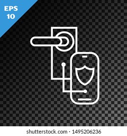 White line Digital door lock with wireless technology for lock icon isolated on transparent dark background. Door handle sign. Security smart home.  Vector Illustration