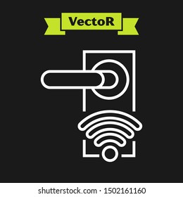 White line Digital door lock with wireless technology for unlock icon isolated on black background. Door handle sign. Security smart home.  Vector Illustration
