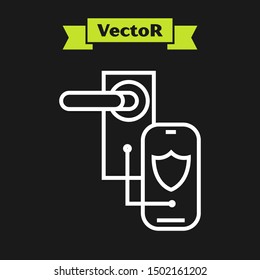 White line Digital door lock with wireless technology for lock icon isolated on black background. Door handle sign. Security smart home.  Vector Illustration
