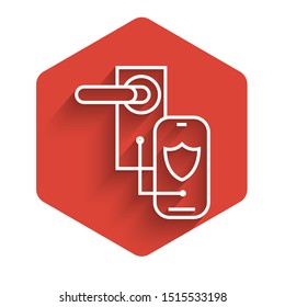 White line Digital door lock with wireless technology for lock icon isolated with long shadow. Door handle sign. Security smart home. Red hexagon button. Vector Illustration