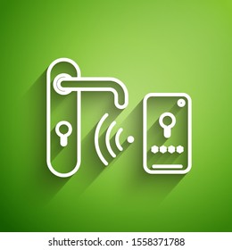 White line Digital door lock with wireless technology for unlock icon isolated on green background. Door handle sign. Security smart home.  Vector Illustration