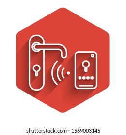 White line Digital door lock with wireless technology for unlock icon isolated with long shadow. Door handle sign. Security smart home. Red hexagon button. Vector Illustration