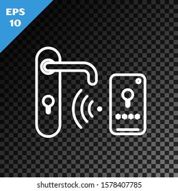 White line Digital door lock with wireless technology for unlock icon isolated on transparent dark background. Door handle sign. Security smart home.  Vector Illustration