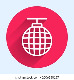 White line Disco ball icon isolated with long shadow. Red circle button. Vector