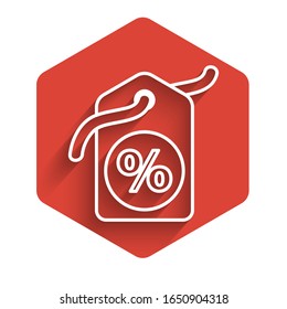 White line Discount percent tag icon isolated with long shadow. Shopping tag sign. Special offer sign. Discount coupons symbol. Red hexagon button. Vector Illustration