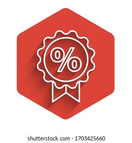 White line Discount percent tag icon isolated with long shadow. Shopping tag sign. Special offer sign. Discount coupons symbol. Red hexagon button. Vector Illustration