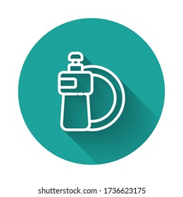 White line Dishwashing liquid bottle and plate icon isolated with long shadow. Liquid detergent for washing dishes. Green circle button. Vector Illustration