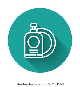 White line Dishwashing liquid bottle and plate icon isolated with long shadow. Liquid detergent for washing dishes. Green circle button. Vector Illustration