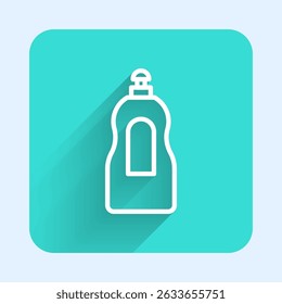 White line Dishwashing liquid bottle icon isolated with long shadow background. Liquid detergent for washing dishes. Green square button. Vector