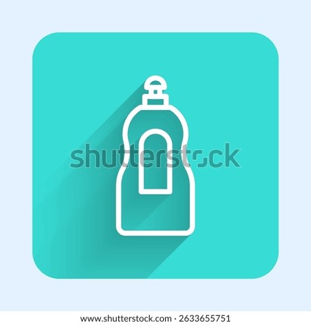White line Dishwashing liquid bottle icon isolated with long shadow background. Liquid detergent for washing dishes. Green square button. Vector