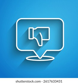 White line Dislike in speech bubble icon isolated on blue background. Long shadow. Vector