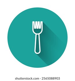 White line Disposable plastic fork icon isolated with long shadow. Green circle button. Vector Illustration