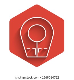 White line Diving hood icon isolated with long shadow background. Spearfishing hat winter swim hood. Diving underwater equipment. Red hexagon button. Vector Illustration