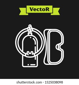 White line Diving mask and aqualung icon isolated on black background. Oxygen tank for diver. Extreme sport. Sport equipment.  Vector Illustration