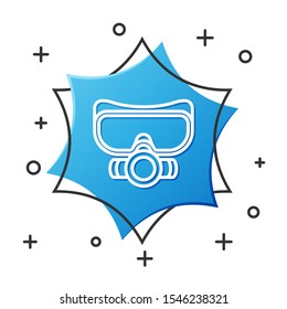 White line Diving mask icon isolated on white background. Extreme sport. Sport equipment. Blue hexagon button. Vector Illustration