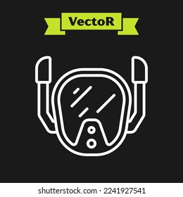 Icono de máscara de buceo de línea blanca aislado en fondo negro. Deporte extremo. Equipamiento submarino para bucear.  Vector