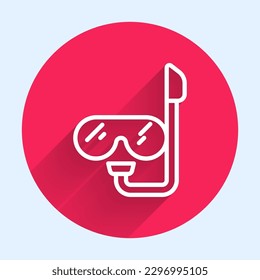 White line Diving mask and snorkel icon isolated with long shadow. Extreme sport. Diving underwater equipment. Red circle button. Vector