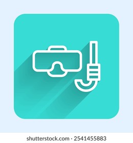 White line Diving mask and snorkel icon isolated with long shadow. Extreme sport. Diving underwater equipment. Green square button. Vector