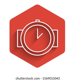 White line Diving watch icon isolated with long shadow background. Diving underwater equipment. Red hexagon button. Vector Illustration