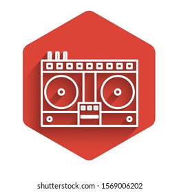 White line DJ remote for playing and mixing music icon isolated with long shadow. DJ mixer complete with vinyl player and remote control. Red hexagon button. Vector Illustration