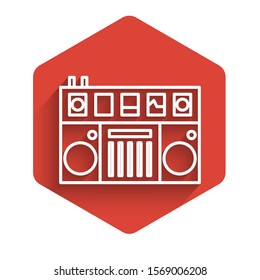 White line DJ remote for playing and mixing music icon isolated with long shadow. DJ mixer complete with vinyl player and remote control. Red hexagon button. Vector Illustration