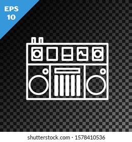 White line DJ remote for playing and mixing music icon isolated on transparent dark background. DJ mixer complete with vinyl player and remote control.  Vector Illustration