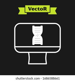 White line DNA spiral and computer monitor icon isolated on black background. Polygonal medical technology research mesh art.  Vector Illustration