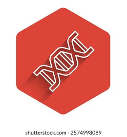 White line DNA symbol icon isolated with long shadow background. Red hexagon button. Vector